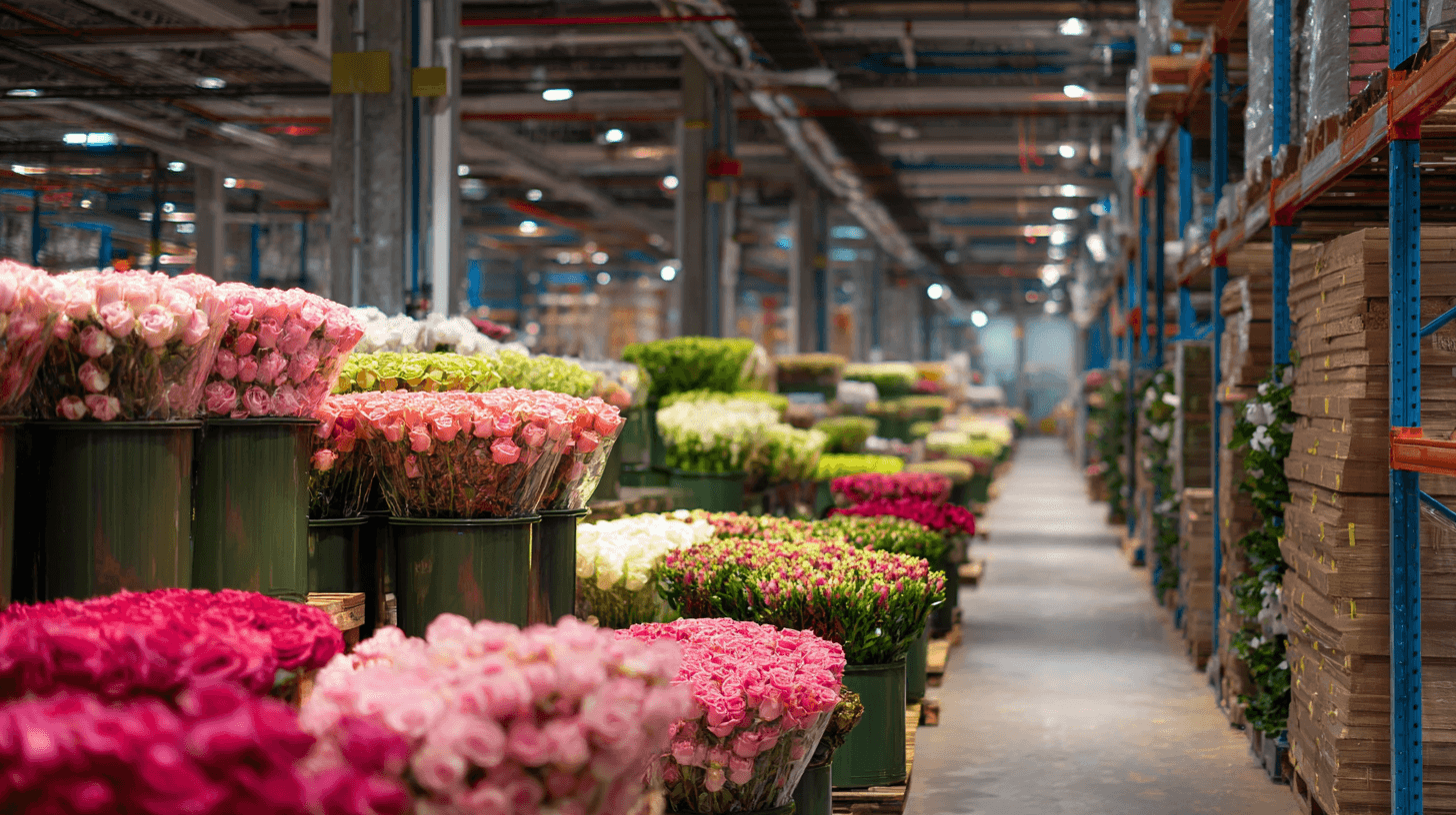 Warehouse rows with fresh flower inventory
