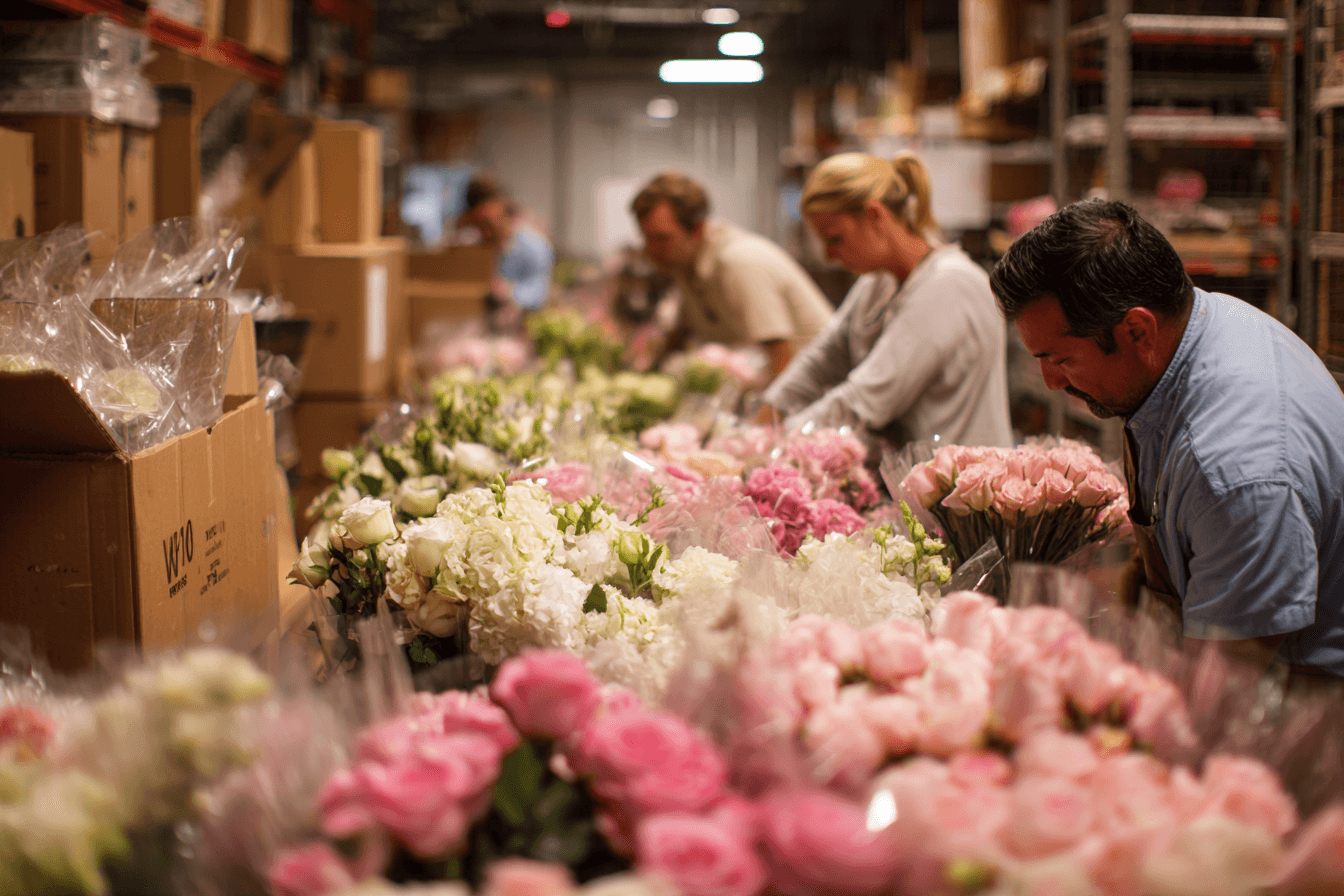 Floral team preparing premium stems for orders